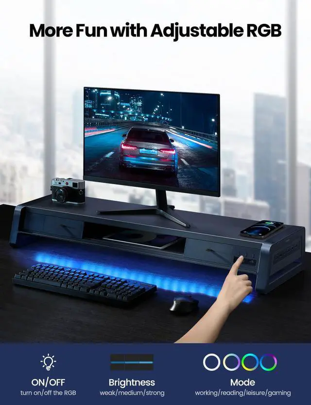 Alt view image 5 of 5 - Vaydeer All-in-One Dual Monitor Stand Riser with 2 Drawers, 8USB Ports and Wireless Charging Pad with LED Light Strip for 2 Monitors , Desk Organizer for PC, iMac (Metal, 39.3 inches)