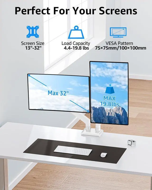 Alt view image 2 of 5 - Dual Monitor Stand fits up to 32 inch, 4.4-19.8 lbs Computer Screens, Dual Monitor Desk Mount Height Adjustable, Monitor Arms for 2 Monitors, Home Office VESA Mounts with Gas Spring, Freelift White