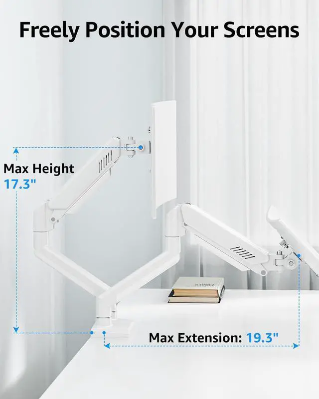 Alt view image 5 of 5 - Dual Monitor Stand fits up to 32 inch, 4.4-19.8 lbs Computer Screens, Dual Monitor Desk Mount Height Adjustable, Monitor Arms for 2 Monitors, Home Office VESA Mounts with Gas Spring, Freelift White