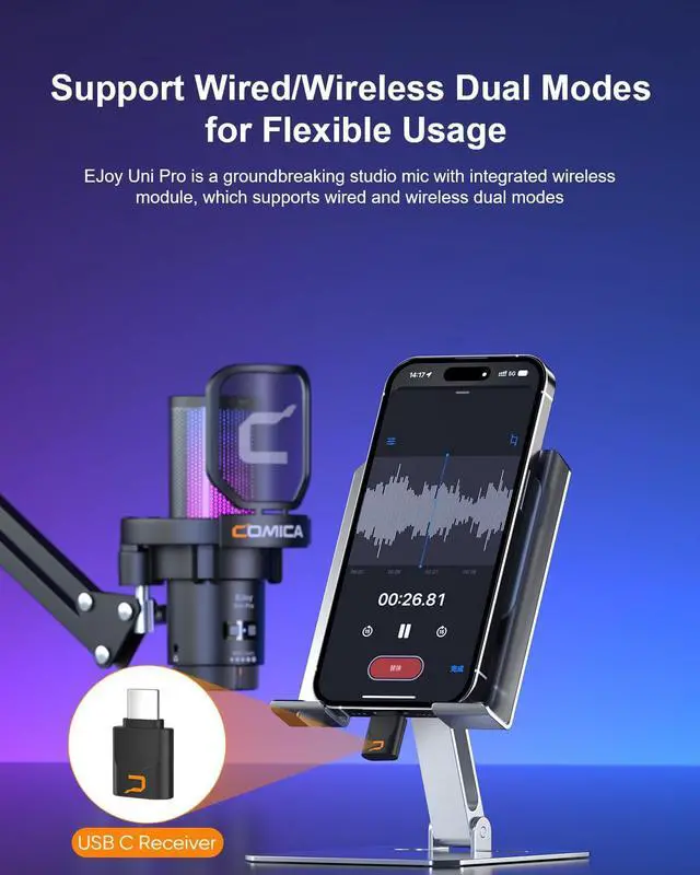 Alt view image 2 of 5 - COMICA Ejoy Uni PRO(A) USB Wireless Microphone with Noise Cancellation, RGB Lights, Monitoring, Muting, Boom Arm Mic for Computer, PS5, PS4, Streaming, Podcast, Chat, Twitch, Discord