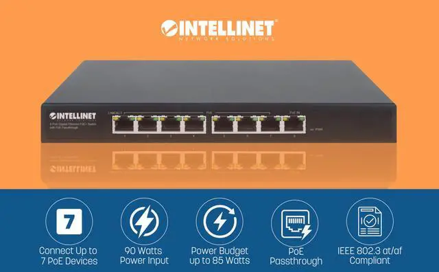 Alt view image 2 of 5 - Intellinet 8-Port Gigabit Ethernet PoE+ Switch with PoE Passthrough - 85W PoE Budget, 30 W per Port, 16 Gbps Switch Fabric - 3 Yr Mfg Warranty-561679