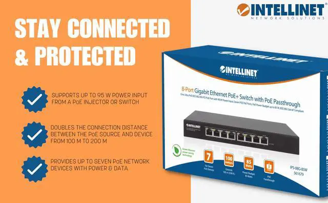 Alt view image 5 of 5 - Intellinet 8-Port Gigabit Ethernet PoE+ Switch with PoE Passthrough - 85W PoE Budget, 30 W per Port, 16 Gbps Switch Fabric - 3 Yr Mfg Warranty-561679