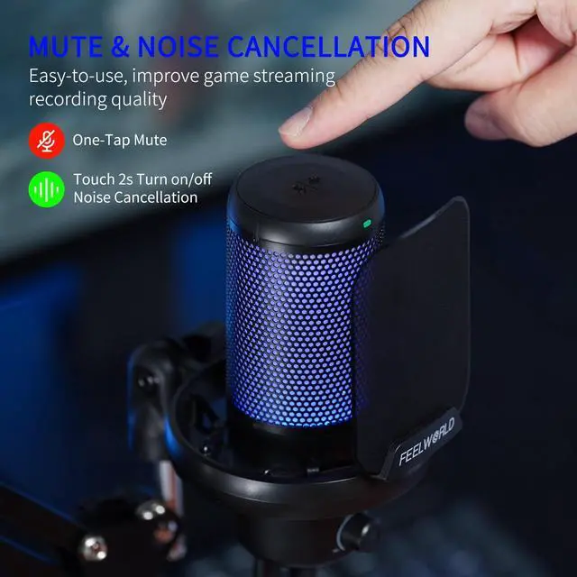 Alt view image 2 of 5 - FEELWORLD VM1 Gaming PC USB Microphone Condenser Mic with Noise Cancellation Mute RGB Light, Computer Accessories Gifts for Gamer YouTube Twitch Podcast Streaming Recording Online Chat PS4 PS5