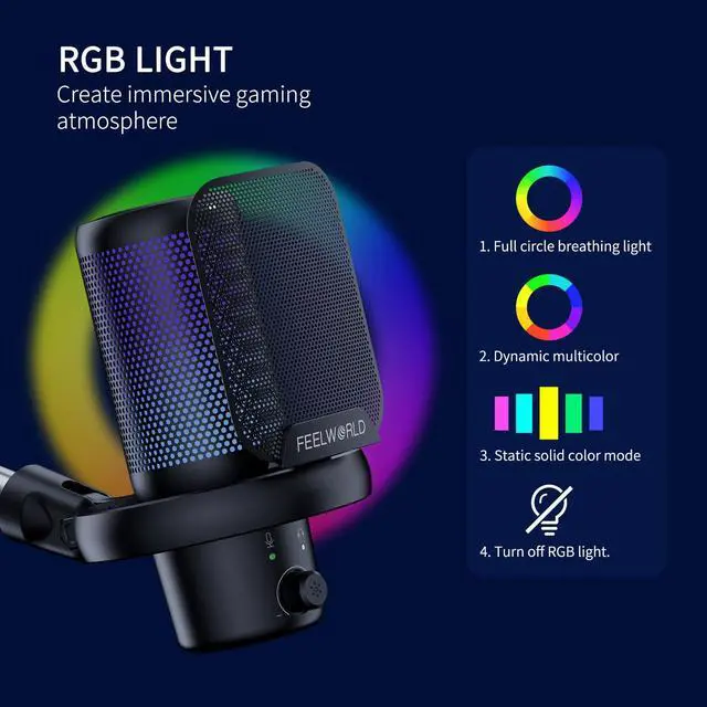 Alt view image 4 of 5 - FEELWORLD VM1 Gaming PC USB Microphone Condenser Mic with Noise Cancellation Mute RGB Light, Computer Accessories Gifts for Gamer YouTube Twitch Podcast Streaming Recording Online Chat PS4 PS5