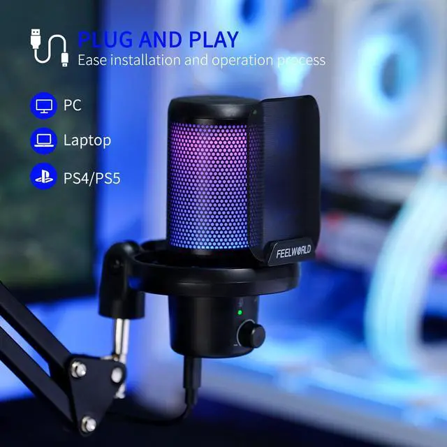 Alt view image 5 of 5 - FEELWORLD VM1 Gaming PC USB Microphone Condenser Mic with Noise Cancellation Mute RGB Light, Computer Accessories Gifts for Gamer YouTube Twitch Podcast Streaming Recording Online Chat PS4 PS5