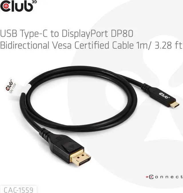 Alt view image 2 of 5 - Club 3D CAC-1559 USB Type C Cable to DP 2.1 Bi-Directional VESA DP80 Certified Cable M/M 1m/3.28ft
