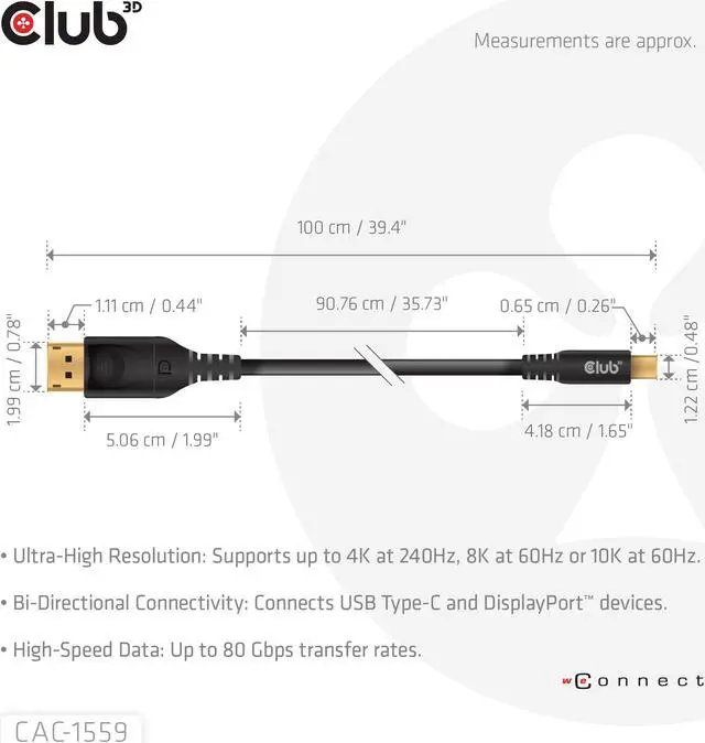 Alt view image 3 of 5 - Club 3D CAC-1559 USB Type C Cable to DP 2.1 Bi-Directional VESA DP80 Certified Cable M/M 1m/3.28ft