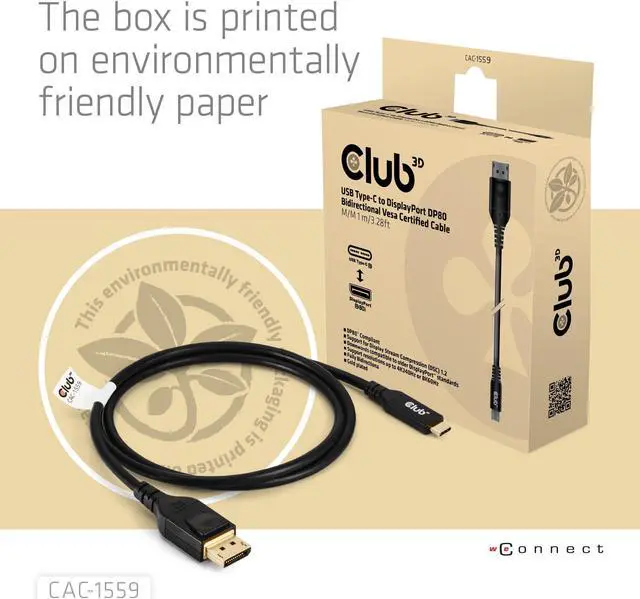 Alt view image 5 of 5 - Club 3D CAC-1559 USB Type C Cable to DP 2.1 Bi-Directional VESA DP80 Certified Cable M/M 1m/3.28ft