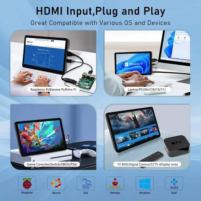 Alt view image 5 of 5 - HAMTYSAN 7 Inch Raspberry Pi Screen 800x480 Small HDMI Monitor Second Display Screen with Case for Raspberry Pi 400/4/3/2/Zero/B/B+ Jetson Nano Win11/10/8/7, Dual Speakers, Non-Touch