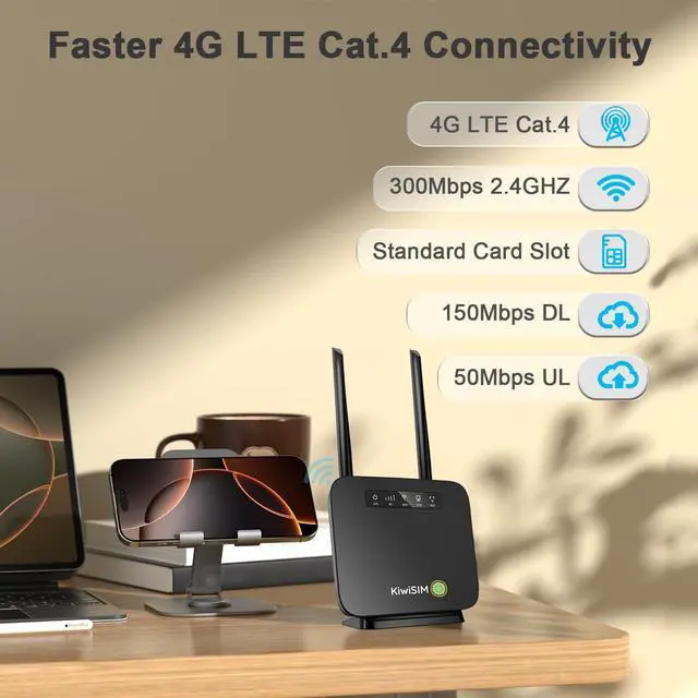 Alt view image 2 of 5 - KiwiSIM 4G LTE WiFi Router with 5GB Data Card, Portable Modem WiFi Router, 300Mbps WiFi, Supports Verizon, AT&T and T-Mobile, 3000mAh Battery, WiFi Mobile Hotspot Router for Home/Office/RV/Camping