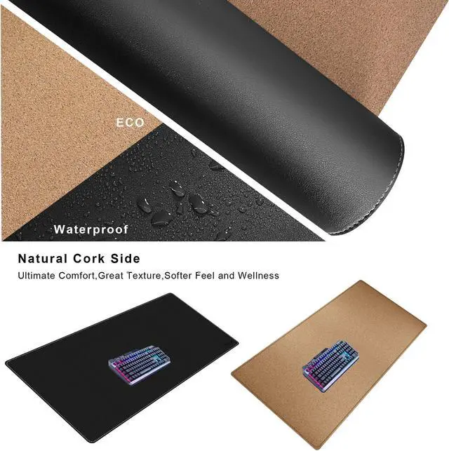 Alt view image 4 of 5 - Mydours Full Desk Mat, 63" x 20" Cork & PU Leather Desk Pad, Large Gaming Mouse Pad XXL, Dual-Sided Portable Desk Pad Blotter, Easy Clean Desktop Protector for Gift Office Home (Black)