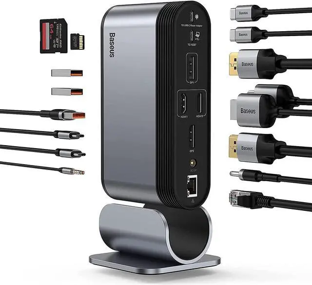 Main image of Baseus Docking Station, 16-in-1 USB C Hub to Display on 4 Monitors, 2 HDMI, 2 DP, 2 USB-C Ports, 3 USB3.0 Ports, 1000Mbps LAN Port, MicroSD/TF Card Reader, Compatible with Windows and MacOS Laptops