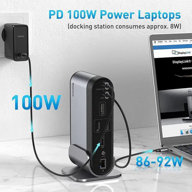 Alt view image 4 of 5 - Baseus Docking Station, 16-in-1 USB C Hub to Display on 4 Monitors, 2 HDMI, 2 DP, 2 USB-C Ports, 3 USB3.0 Ports, 1000Mbps LAN Port, MicroSD/TF Card Reader, Compatible with Windows and MacOS Laptops