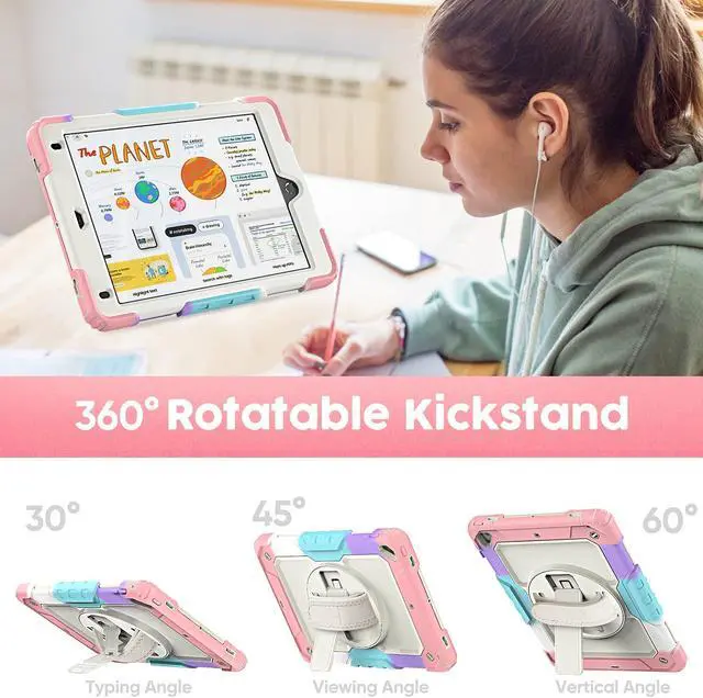 Alt view image 2 of 5 - Timecity Kids Case for iPad 6th/5th Generation (9.7-inch, 2018/2017), for iPad Air 2, Full-Body Protective Case with Screen Protector, Swivel Stand&Handle, Shoulder Strap for iPad 9.7 inch- Pink Camo