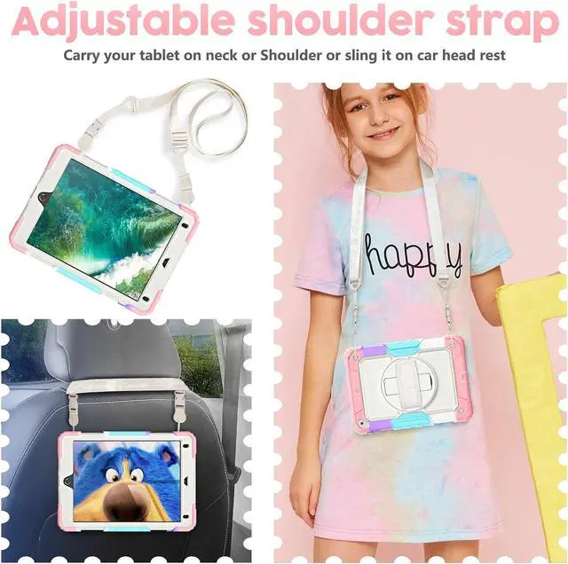 Alt view image 3 of 5 - Timecity Kids Case for iPad 6th/5th Generation (9.7-inch, 2018/2017), for iPad Air 2, Full-Body Protective Case with Screen Protector, Swivel Stand&Handle, Shoulder Strap for iPad 9.7 inch- Pink Camo