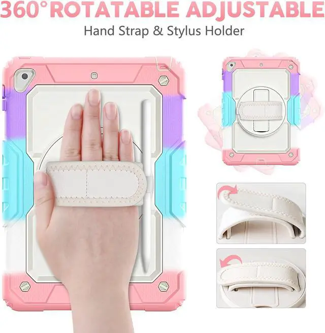 Alt view image 4 of 5 - Timecity Kids Case for iPad 6th/5th Generation (9.7-inch, 2018/2017), for iPad Air 2, Full-Body Protective Case with Screen Protector, Swivel Stand&Handle, Shoulder Strap for iPad 9.7 inch- Pink Camo