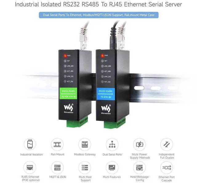 Alt view image 3 of 5 - Waveshare RS232 RS485 to RJ45 Ethernet Serial Server, RS232 and RS485 Dual Channels Independent Operation, Dual Ethernet Ports, PoE Network Port