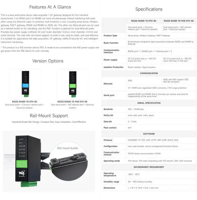 Alt view image 4 of 5 - Waveshare RS232 RS485 to RJ45 Ethernet Serial Server, RS232 and RS485 Dual Channels Independent Operation, Dual Ethernet Ports, PoE Network Port