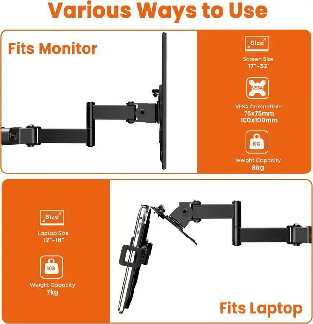 Alt view image 2 of 5 - PUTORSEN Laptop Pole Mount Tray - Universal Full Motion Arm Holder with Removable 75mm & 100mm VESA Plate, Fits 12-18 Inch, Black