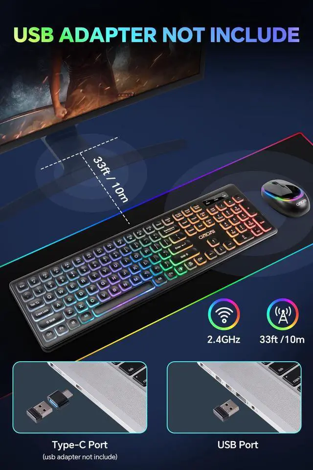 Alt view image 3 of 5 - Wireless Keyboard and Mouse CHONCHOW Rechargeable LED Combo RGB Backlit Keypad Silent USB 2.4g Mini Mice Big Battery for Work Gaming Compatible with Windows Mac Linux with User Manual W300