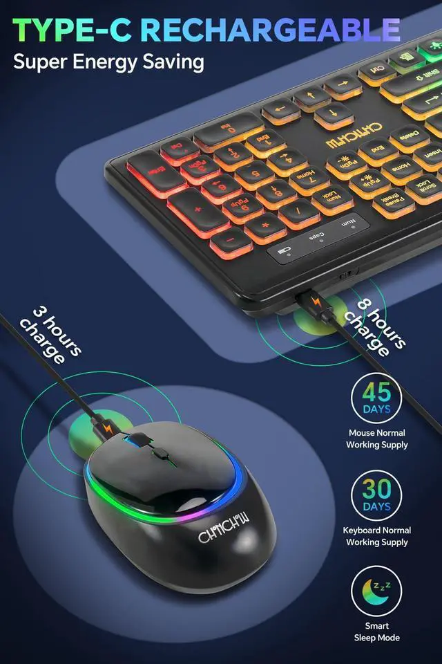 Alt view image 5 of 5 - Wireless Keyboard and Mouse CHONCHOW Rechargeable LED Combo RGB Backlit Keypad Silent USB 2.4g Mini Mice Big Battery for Work Gaming Compatible with Windows Mac Linux with User Manual W300