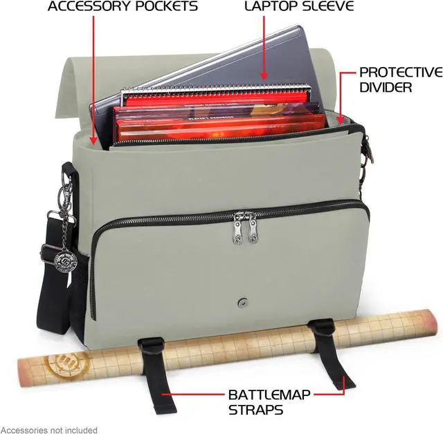Alt view image 2 of 5 - ENHANCE Collector's Edition RPG Player's Essentials DnD Bag - Dragon Hide Exterior Messenger Bag Fits 2-4 Books, Binders, Dice & Accessories, with 17 inch Laptop Slot, Battlemap Straps (Dragon Silver)
