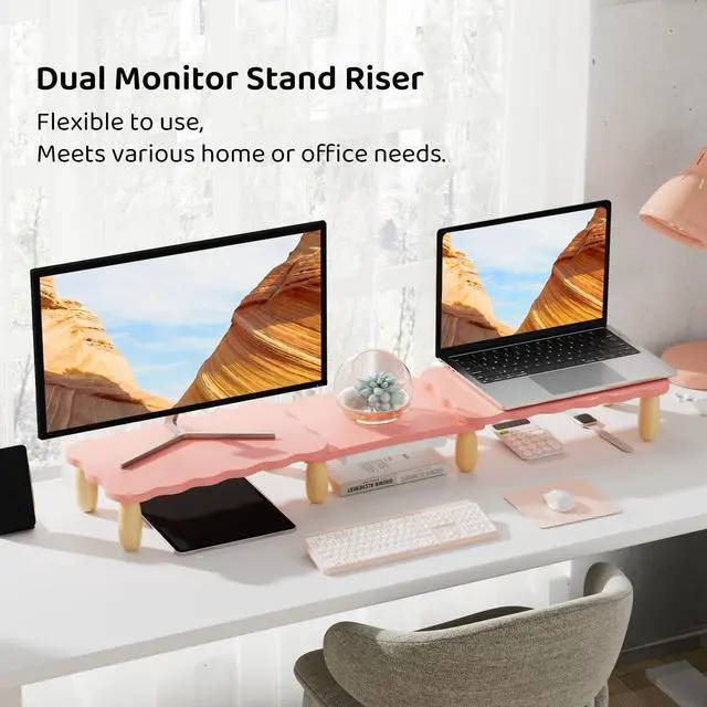 Alt view image 2 of 5 - Dual Monitor Riser - Cookie-Shaped Adjustable Length & Swivel Angle, Wooden Desktop Organizer for 2 Monitors, Stand With Drawer for Laptop, PC, Computer, Printer, Pink