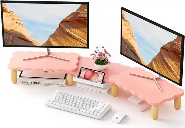 Main image of Dual Monitor Riser - Cookie-Shaped Adjustable Length & Swivel Angle, Wooden Desktop Organizer for 2 Monitors, Stand With Drawer for Laptop, PC, Computer, Printer, Pink