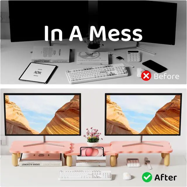 Alt view image 4 of 5 - Dual Monitor Riser - Cookie-Shaped Adjustable Length & Swivel Angle, Wooden Desktop Organizer for 2 Monitors, Stand With Drawer for Laptop, PC, Computer, Printer, Pink