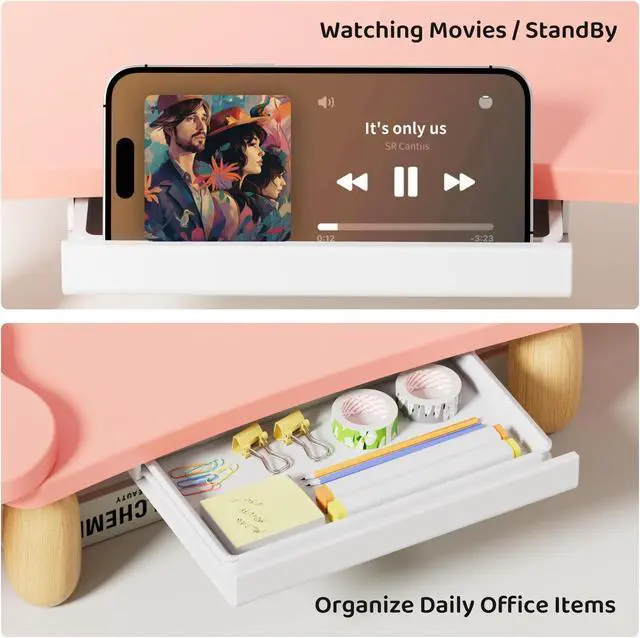 Alt view image 5 of 5 - Dual Monitor Riser - Cookie-Shaped Adjustable Length & Swivel Angle, Wooden Desktop Organizer for 2 Monitors, Stand With Drawer for Laptop, PC, Computer, Printer, Pink