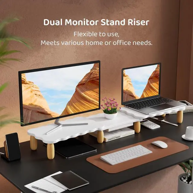 Alt view image 2 of 5 - Dual Monitor Riser, Cookie-Shaped Adjustable Length & Swivel Angle, Wooden Desktop Organizer for 2 Monitors, Stand With Drawer for Laptop, PC, Computer, Printer, White