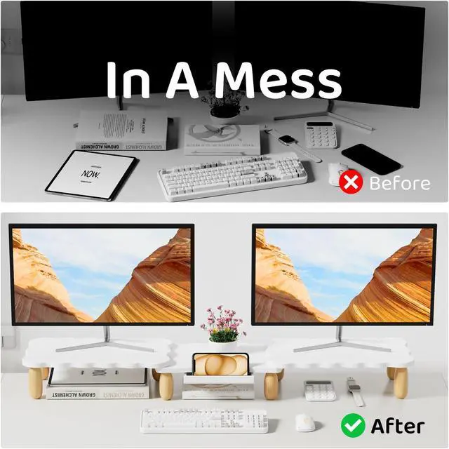 Alt view image 4 of 5 - Dual Monitor Riser, Cookie-Shaped Adjustable Length & Swivel Angle, Wooden Desktop Organizer for 2 Monitors, Stand With Drawer for Laptop, PC, Computer, Printer, White