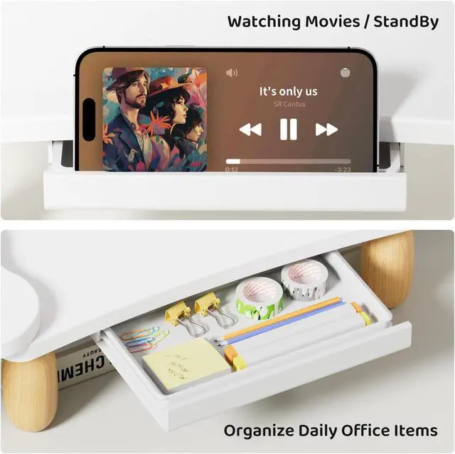 Alt view image 5 of 5 - Dual Monitor Riser, Cookie-Shaped Adjustable Length & Swivel Angle, Wooden Desktop Organizer for 2 Monitors, Stand With Drawer for Laptop, PC, Computer, Printer, White