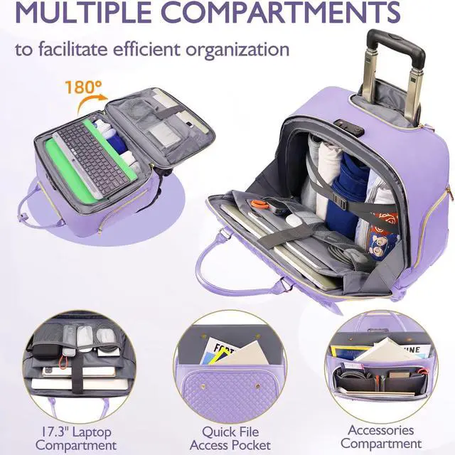 Alt view image 5 of 5 - Arcoyard Rolling Teacher Bag, Briefcase for Women with 4 Spinner Wheels, Roller Laptop Bag for Work with Leather Handle, Womens Travel Carry On, TSA Friendly Design, Purple