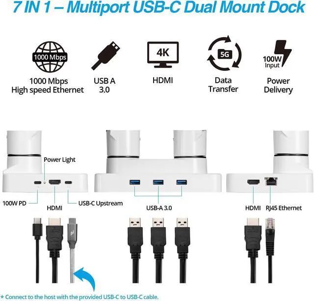 Alt view image 3 of 5 - AVLT Dual 17-43" Monitor Arm Desk Mount with 15" Laptop Tray and USB-C Docking Station, HDMI 4K60Hz, USB-A 5Gbps, Ethernet, 100W PD, Fits Two Flat/Curved Monitor - White
