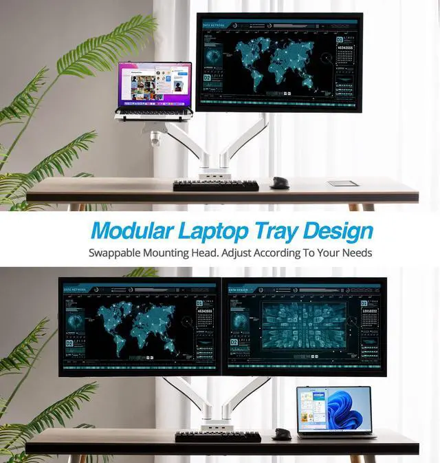 Alt view image 2 of 5 - AVLT Dual 17-43" Monitor Arm Desk Mount with 15" Laptop Tray and USB-C Docking Station, HDMI 4K60Hz, USB-A 5Gbps, Ethernet, 100W PD, Fits Two Flat/Curved Monitor - White