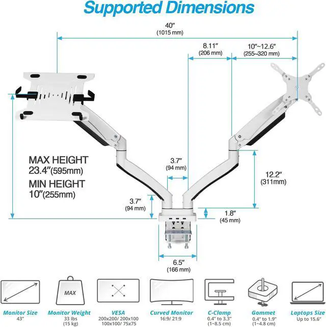 Alt view image 4 of 5 - AVLT Dual 17-43" Monitor Arm Desk Mount with 15" Laptop Tray and USB-C Docking Station, HDMI 4K60Hz, USB-A 5Gbps, Ethernet, 100W PD, Fits Two Flat/Curved Monitor - White