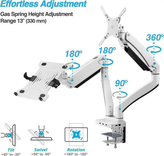 Alt view image 5 of 5 - AVLT Dual 17-43" Monitor Arm Desk Mount with 15" Laptop Tray and USB-C Docking Station, HDMI 4K60Hz, USB-A 5Gbps, Ethernet, 100W PD, Fits Two Flat/Curved Monitor - White
