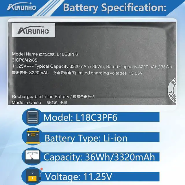 Alt view image 2 of 5 - AURUNHO L18C3PF6 36Wh Laptop Battery Replacement for Lenovo IdeaPad S340 15IWL 15IML 15API S340 14API 14IIL 14IWL C340 15IML 15IIL Flex 15IWL Series Laptop L18M3PF7 L18M3PF6 L18L3PF2 L18L3PF3 11.25V