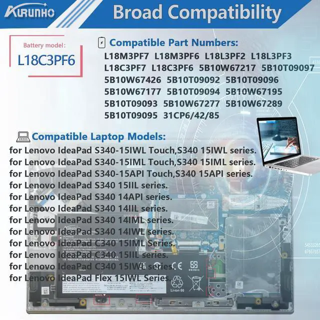 Alt view image 5 of 5 - AURUNHO L18C3PF6 36Wh Laptop Battery Replacement for Lenovo IdeaPad S340 15IWL 15IML 15API S340 14API 14IIL 14IWL C340 15IML 15IIL Flex 15IWL Series Laptop L18M3PF7 L18M3PF6 L18L3PF2 L18L3PF3 11.25V