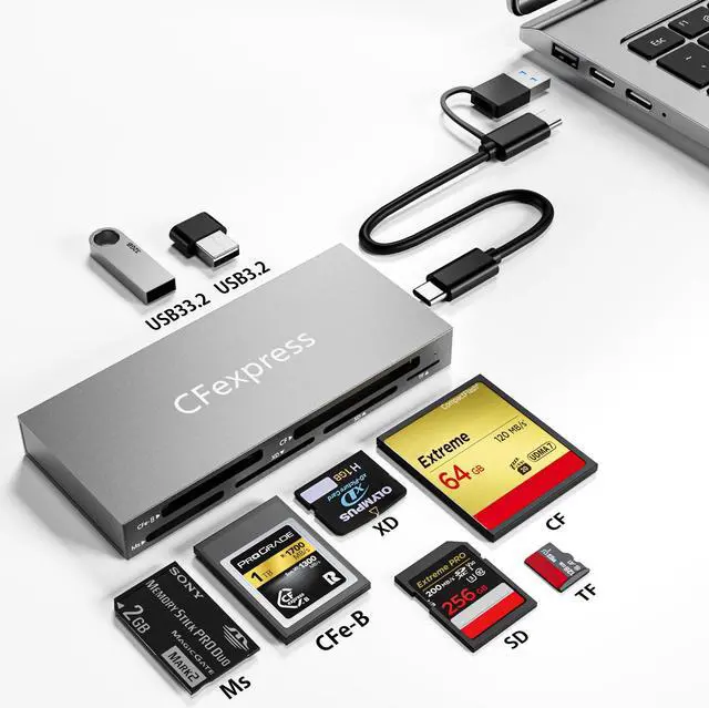 Main image of 8 in 1 CFexpress Type B Card Reader with 2 USB3.2 (Gen 2) 10Gbps, USB-C&USB-A 2-in-1 Type B CF Express Card Reader Hub for CFexpress Type B/SD/TF/CF/XD/MS/USB, Multi Reader Read 8 ports Simultaneously