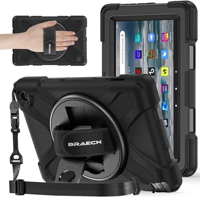 Main image of BRAECNstock for Amazon Fire 7 Tablet Case (12th Generation 2022 Release) 7" Shockproof Protective Kids Case with [Rotating Hand Strap] & Stand, Pen Holder, Shoulder Strap, Black
