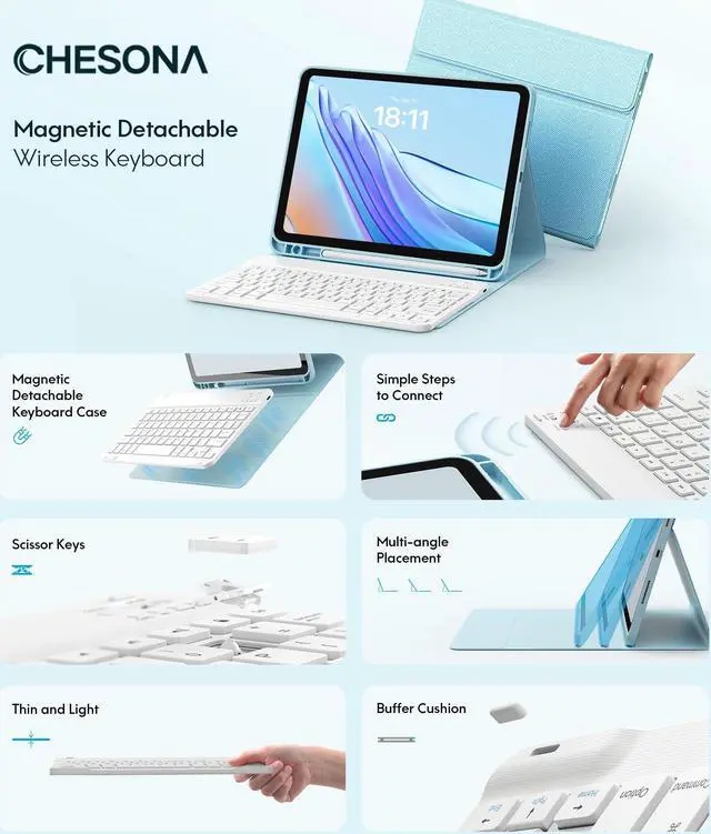 Alt view image 3 of 5 - CHESONA Keyboard Case for iPad (A16) 11th/10th Generation (2025/2022), Detachable Wireless Keyboard, Stand Folio Keyboard Cover with Pencil Holder, Thin & Light (Blue)