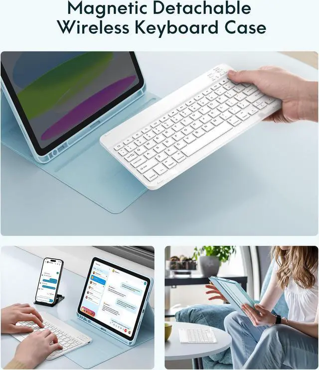 Alt view image 4 of 5 - CHESONA Keyboard Case for iPad (A16) 11th/10th Generation (2025/2022), Detachable Wireless Keyboard, Stand Folio Keyboard Cover with Pencil Holder, Thin & Light (Blue)