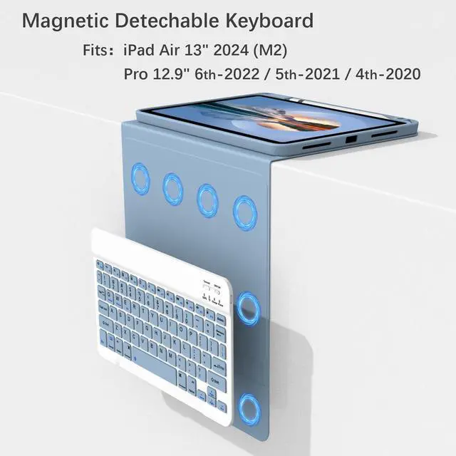 Alt view image 3 of 5 - Divufus Keyboard Case for iPad Air 13 Inch (M3 2025/M2 2024), Pro 12.9 6th/5th/4th Generation 2022/2021/2020 [Magnetic Detachable Wireless Keyboard] Folio Stand Case with Pencil Holder, Blue