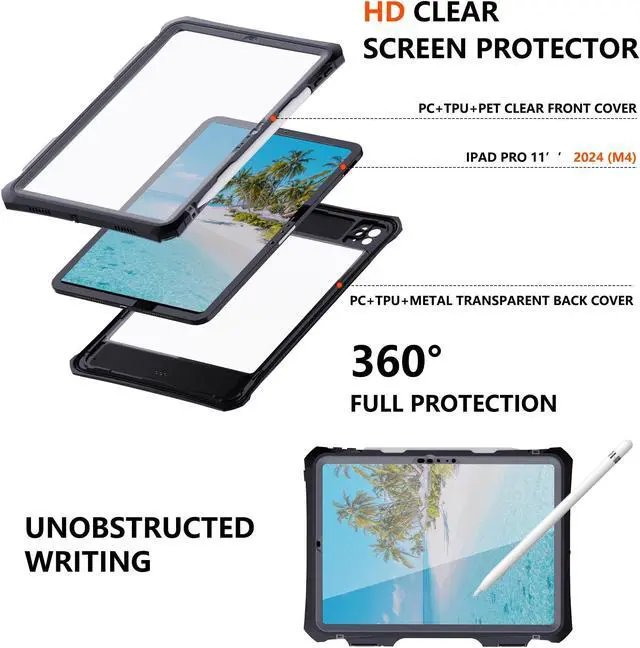 Alt view image 4 of 5 - Compatible with iPad Pro 11 inch M4 2024 Waterproof Case,360 Protective Military Drop-Proof,with Strap Stand,Clear Screen Protector,Built-in Pencil Holder for iPad pro 11 2024 Cover-Black
