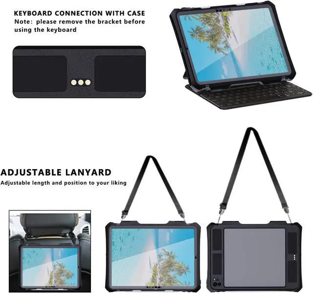 Alt view image 5 of 5 - Compatible with iPad Pro 11 inch M4 2024 Waterproof Case,360 Protective Military Drop-Proof,with Strap Stand,Clear Screen Protector,Built-in Pencil Holder for iPad pro 11 2024 Cover-Black