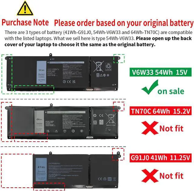 Alt view image 2 of 5 - 54Wh V6W33 Battery Compatible with Dell Inspiron 3510 3515 5310 5410 5510 5515 5440 5518 Vostro 3425 3511 5320 5635 Latitude 5430 3445 Chromebook 3320 3330 3420 3520 0V6W33 XDY9K 927N5, 15V 4-Cell