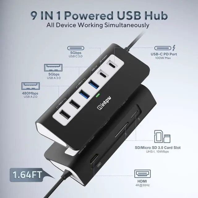 Alt view image 2 of 5 - USB C Hub, INTPW 9-in-1 USB Multiport Adapter with 4K HDMI, PD 100W, USB-C and 2 USB A 3.0 5Gbps, 2 USB A 2.0, SD/TF Card Reader, Aluminum USB Hub for Laptop, iPhone 16/15 Series, MacBook, iPad