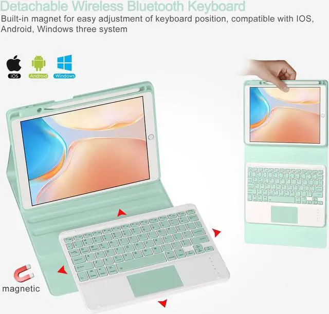 Alt view image 2 of 5 - Eisuiyi Keyboard Case for iPad 10.2" 7th/8th/9th gen, Compatible with iPad Air3/Pro10.5, Detachable Touchpad BT Keyboard, Magentic Protective Cover with Pencil Holder, Mint Green